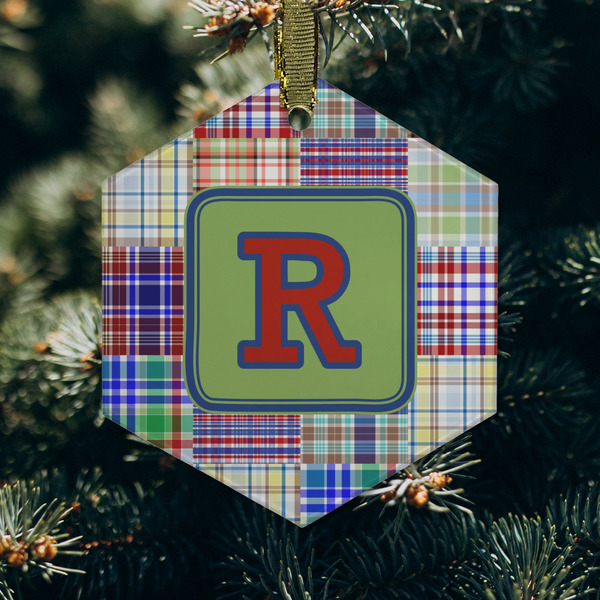 Blue Madras Plaid Print Frosted Glass Ornament - Hexagon (Lifestyle)