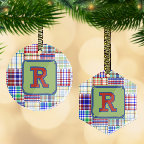 Custom Blue Madras Plaid Print Flat Glass Ornament w/ Initial