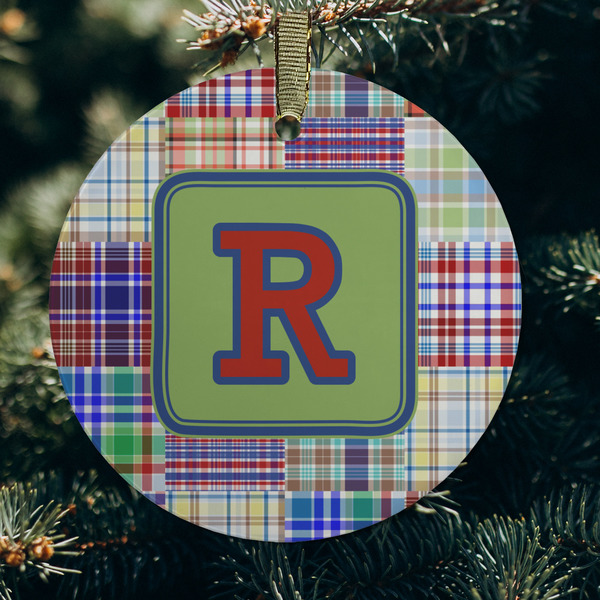 Blue Madras Plaid Print Frosted Glass Ornament - Round (Lifestyle)