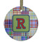 Blue Madras Plaid Print Frosted Glass Ornament - Round