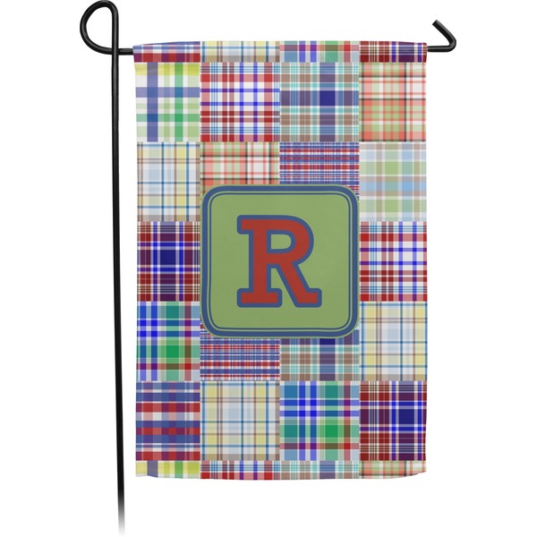 Custom Blue Madras Plaid Print Small Garden Flag - Double Sided w/ Initial