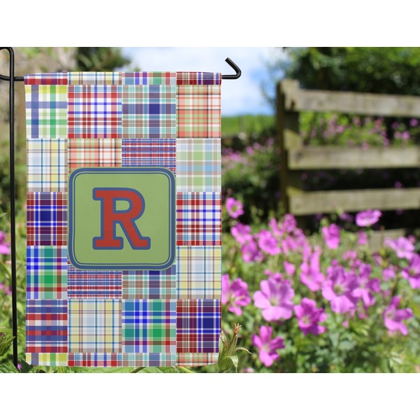 Blue Madras Plaid Print Garden Flag - Outside In Flowers