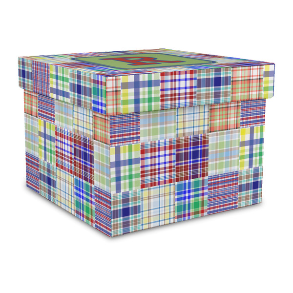 Custom Blue Madras Plaid Print Gift Box with Lid - Canvas Wrapped - Large (Personalized)