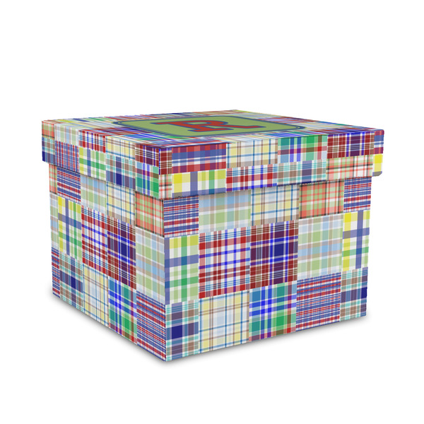 Custom Blue Madras Plaid Print Gift Box with Lid - Canvas Wrapped - Medium (Personalized)