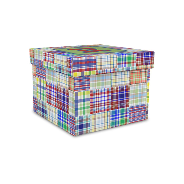 Custom Blue Madras Plaid Print Gift Box with Lid - Canvas Wrapped - Small (Personalized)