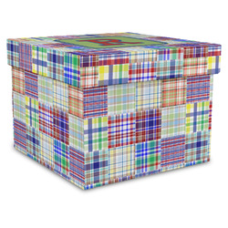 Blue Madras Plaid Print Gift Box with Lid - Canvas Wrapped - X-Large (Personalized)