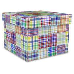Blue Madras Plaid Print Gift Box with Lid - Canvas Wrapped - XX-Large (Personalized)