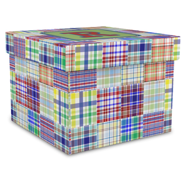 Custom Blue Madras Plaid Print Gift Box with Lid - Canvas Wrapped - XX-Large (Personalized)