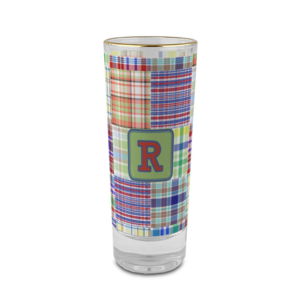 Custom Blue Madras Plaid Print 2 oz Shot Glass - Glass with Gold Rim (Personalized)