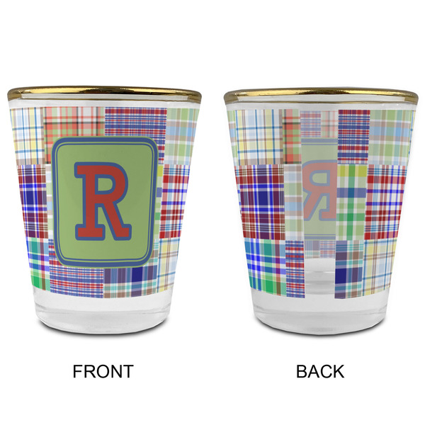Blue Madras Plaid Print Glass Shot Glass - with gold rim - APPROVAL