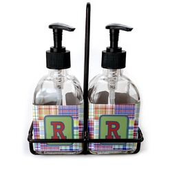 Blue Madras Plaid Print Glass Soap & Lotion Bottle Set (Personalized)