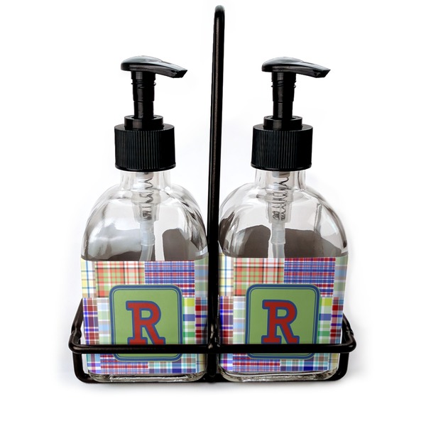 Custom Blue Madras Plaid Print Glass Soap & Lotion Bottle Set (Personalized)