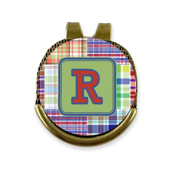 Custom Blue Madras Plaid Print Golf Ball Marker - Hat Clip - Gold