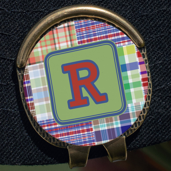 Blue Madras Plaid Print Golf Ball Marker Hat Clip - Gold - Close Up