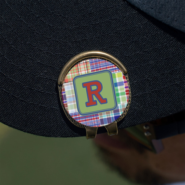Blue Madras Plaid Print Golf Ball Marker Hat Clip - Gold - On Hat