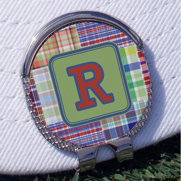 Blue Madras Plaid Print Golf Ball Marker Hat Clip - Silver - Front