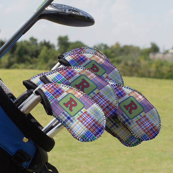 Blue Madras Plaid Print Golf Club Cover - Set of 9 - On Clubs