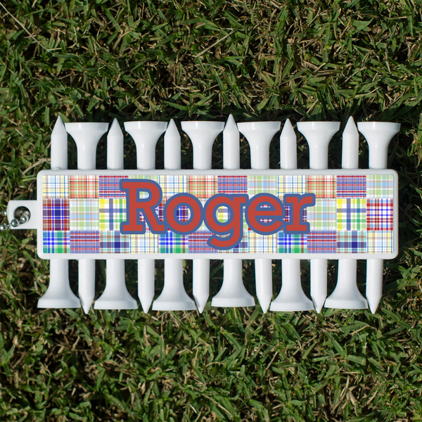 Custom Blue Madras Plaid Print Golf Tees & Ball Markers Set (Personalized)