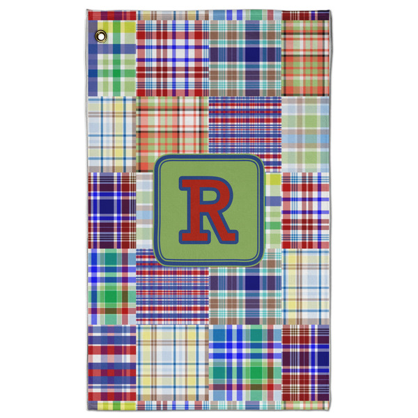 Custom Blue Madras Plaid Print Golf Towel - Poly-Cotton Blend - Large w/ Initial