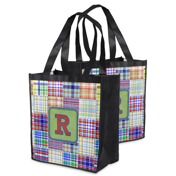 Blue Madras Plaid Print Grocery Bag - MAIN