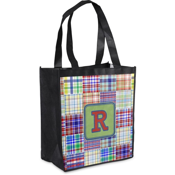 Custom Blue Madras Plaid Print Grocery Bag (Personalized)