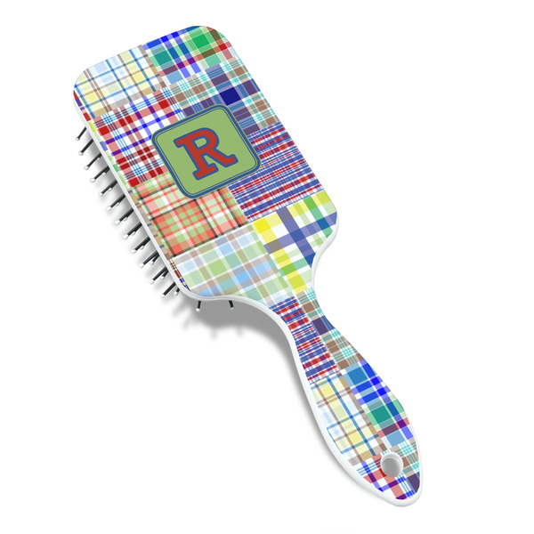 Blue Madras Plaid Print Hair Brush - Angle View