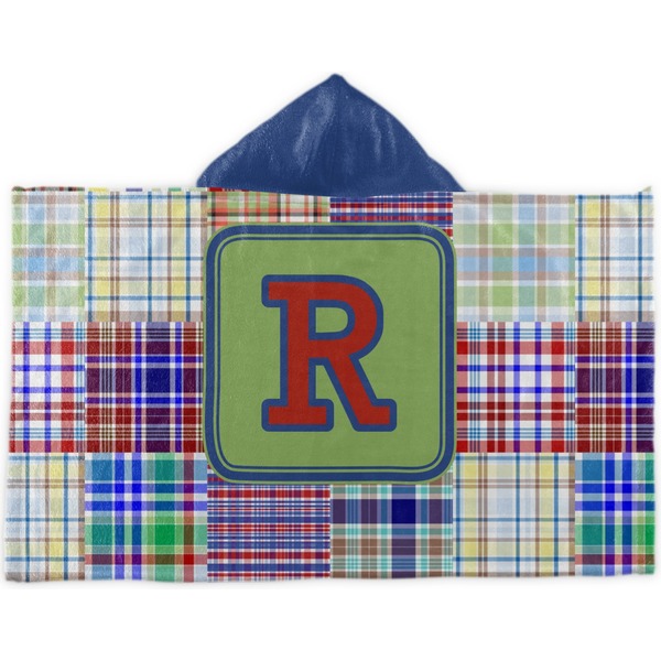 Custom Blue Madras Plaid Print Kids Hooded Towel (Personalized)
