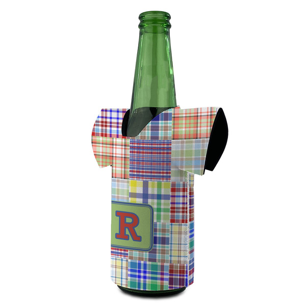 Blue Madras Plaid Print Jersey Bottle Cooler - ANGLE (on bottle)
