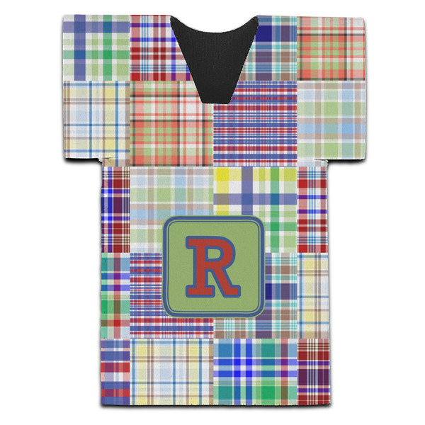 Blue Madras Plaid Print Jersey Bottle Cooler - Set of 4 - FRONT (flat)