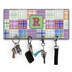 Blue Madras Plaid Print Key Hanger w/ 4 Hooks w/ Initial