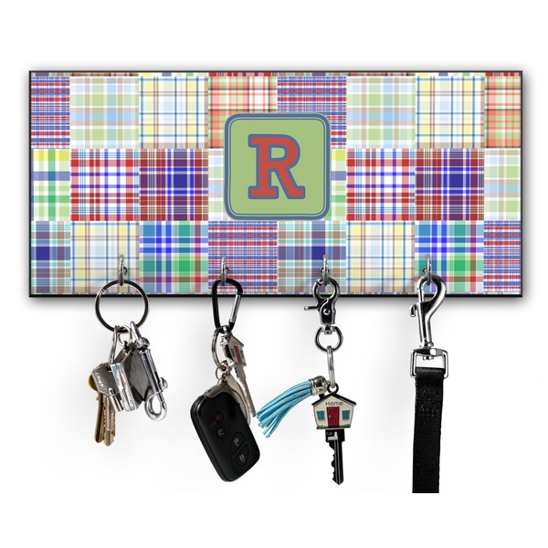 Custom Blue Madras Plaid Print Key Hanger w/ 4 Hooks w/ Initial