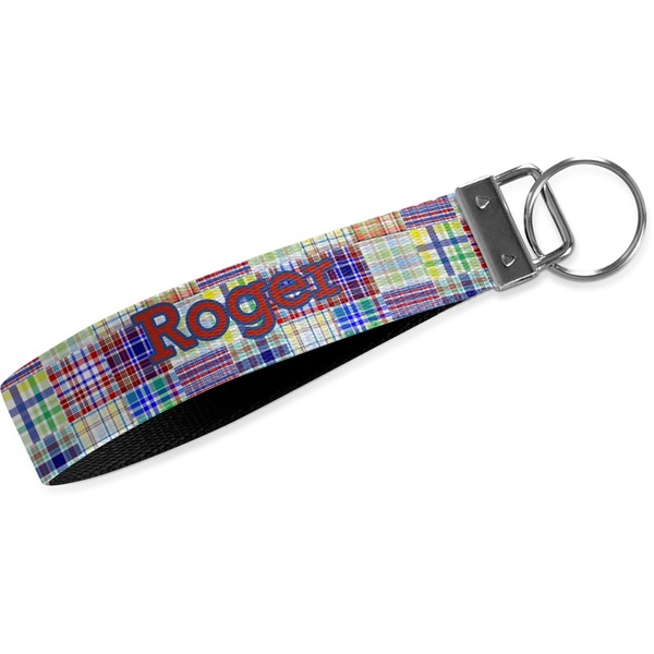 Custom Blue Madras Plaid Print Webbing Keychain Fob - Small (Personalized)