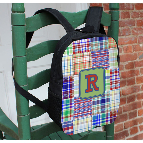 Blue Madras Plaid Print Kids Backpack - In Context