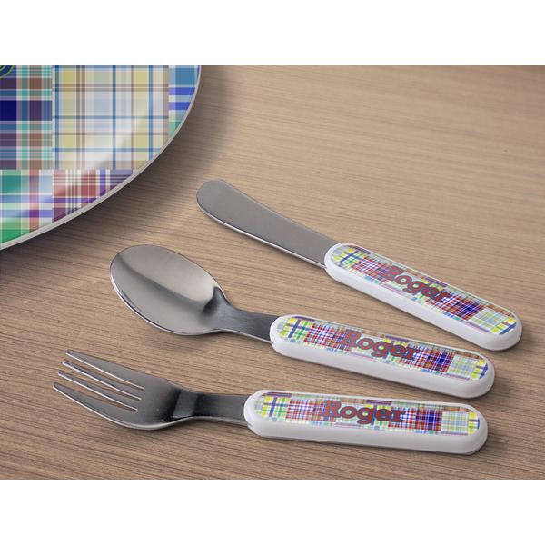 Blue Madras Plaid Print Kids Flatware w/ Plate