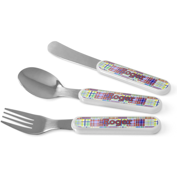 Custom Blue Madras Plaid Print Kid's Flatware (Personalized)