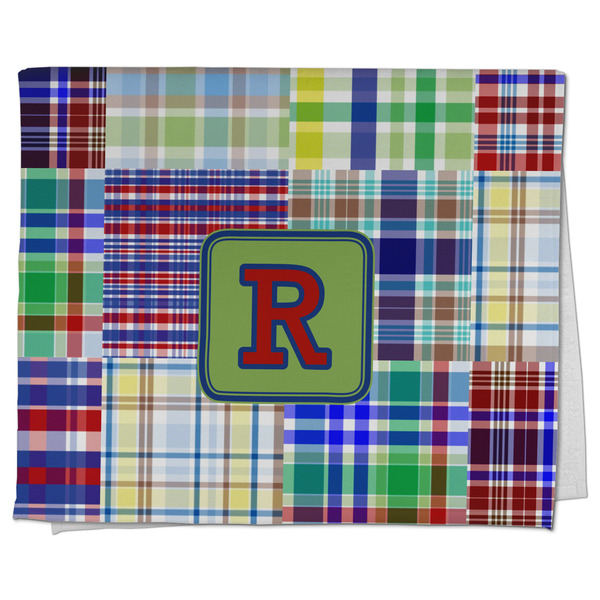 Custom Blue Madras Plaid Print Kitchen Towel - Poly Cotton w/ Initial