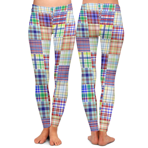 Blue Madras Plaid Print Ladies Leggings - Front and Back