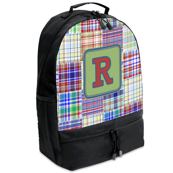 Custom Blue Madras Plaid Print Backpacks - Black (Personalized)