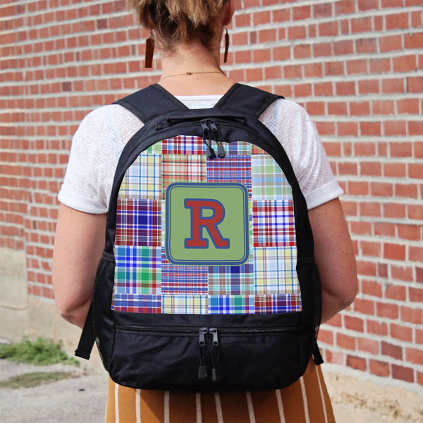 Blue Madras Plaid Print Large Backpack - Black - On Back