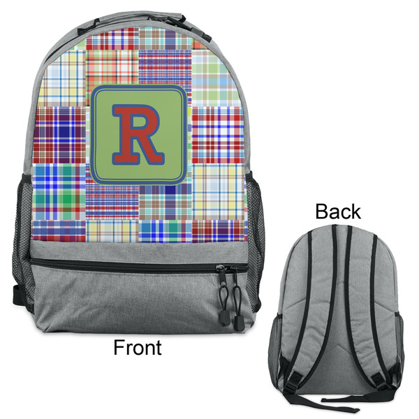 Blue Madras Plaid Print Large Backpack - Gray - Front & Back View