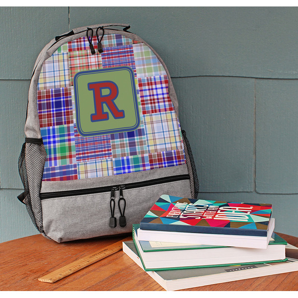 Blue Madras Plaid Print Large Backpack - Gray - On Desk