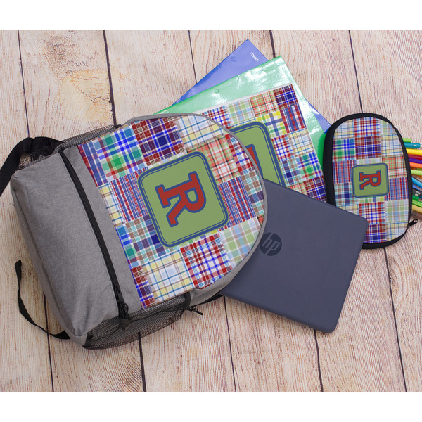 Blue Madras Plaid Print Large Backpack - Gray - With Stuff