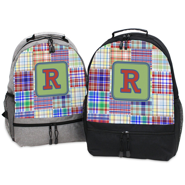 Blue Madras Plaid Print Large Backpacks - Both