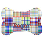 Blue Madras Plaid Print Bone Shaped Dog Food Mat (Personalized)