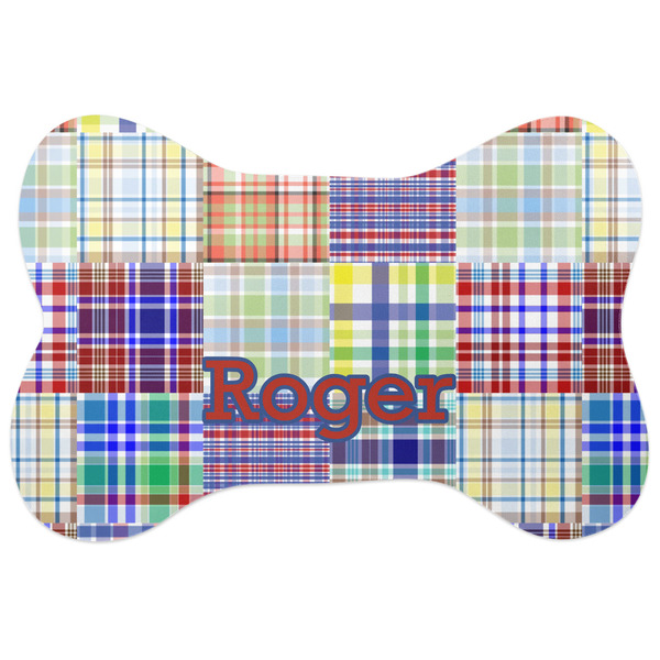 Custom Blue Madras Plaid Print Bone Shaped Dog Food Mat (Large) (Personalized)