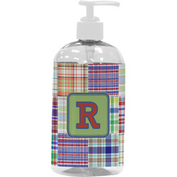 Blue Madras Plaid Print Plastic Soap / Lotion Dispenser (16 oz - Large - White) (Personalized)