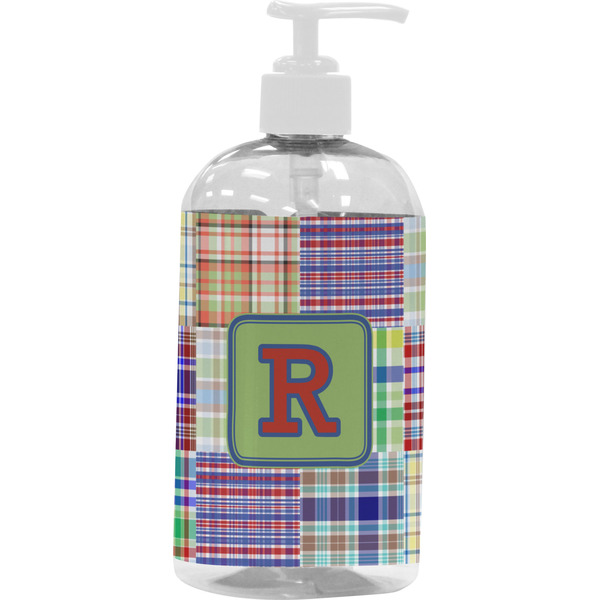 Custom Blue Madras Plaid Print Plastic Soap / Lotion Dispenser (16 oz - Large - White) (Personalized)