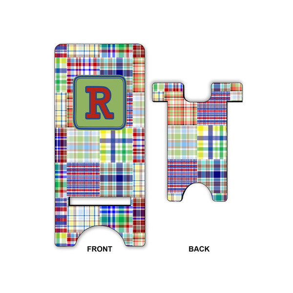 Blue Madras Plaid Print Large Phone Stand - Front & Back