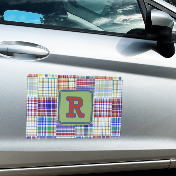 Blue Madras Plaid Print Large Rectangle Car Magnets- In Context