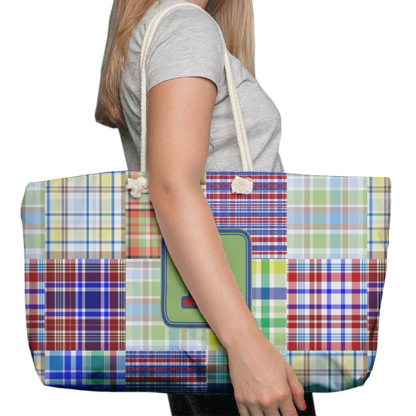 Blue Madras Plaid Print Large Rope Tote Bag - In Context View